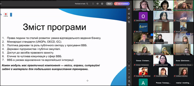 Тренерка Ірена Федорович презентує зміст програми підготовки тренерів і тренерок з питань відповідального ведення бізнесу